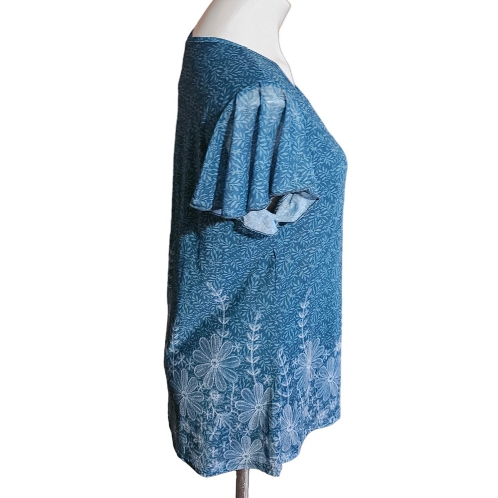 Timeson Double Layer Flutter Sleeve Floral Tunic Teal Size L - Picture 5 of 14
